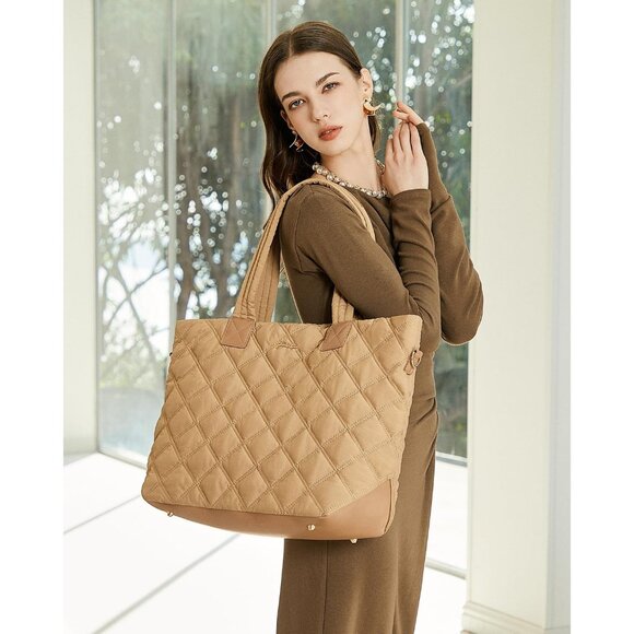 Prite Women Brown Polyester Compartment Quilted Puffer Shoulder Tote Work Bag - Picture 7 of 7